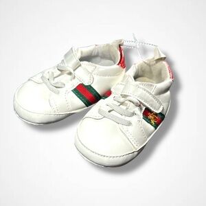 White Baby Shoes with Green and Red Stripes